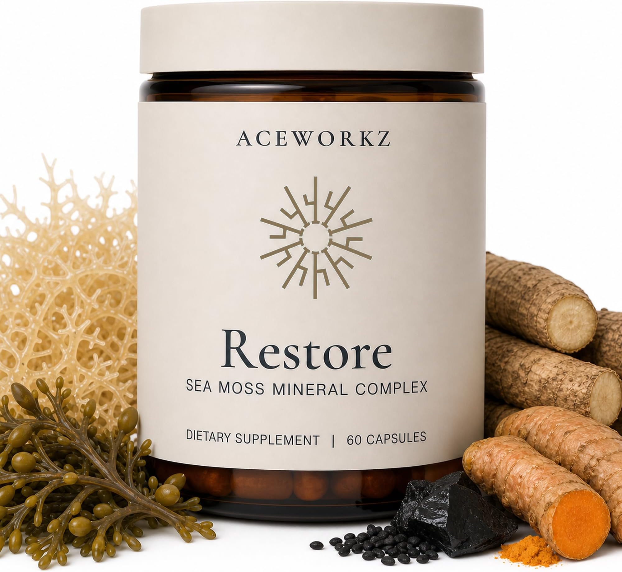Restore Organic Sea Moss Mineral Complex โ Daily Mineral Support with Black Seed Oil, Bladderwrack, Burdock, Ashwagandha, Turmeric, ACV & Shilajit โ BioPerineยฎ Enhanced Absorption (60 Capsules)