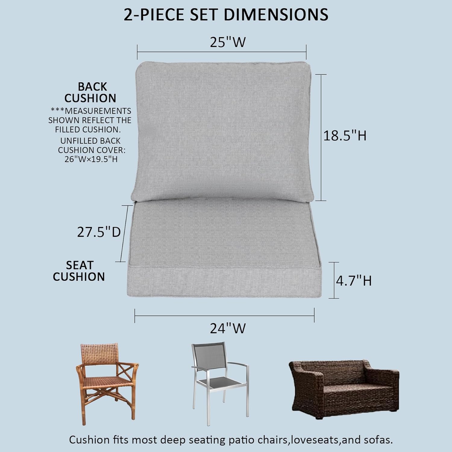 24x27.5 Inch Outdoor Deep Seat Cushions Set of 2,Thick High-Density Foam, Water-Resistant, Piped Edges & YKK Hidden Zipper for Patio Furniture,Stone Gray