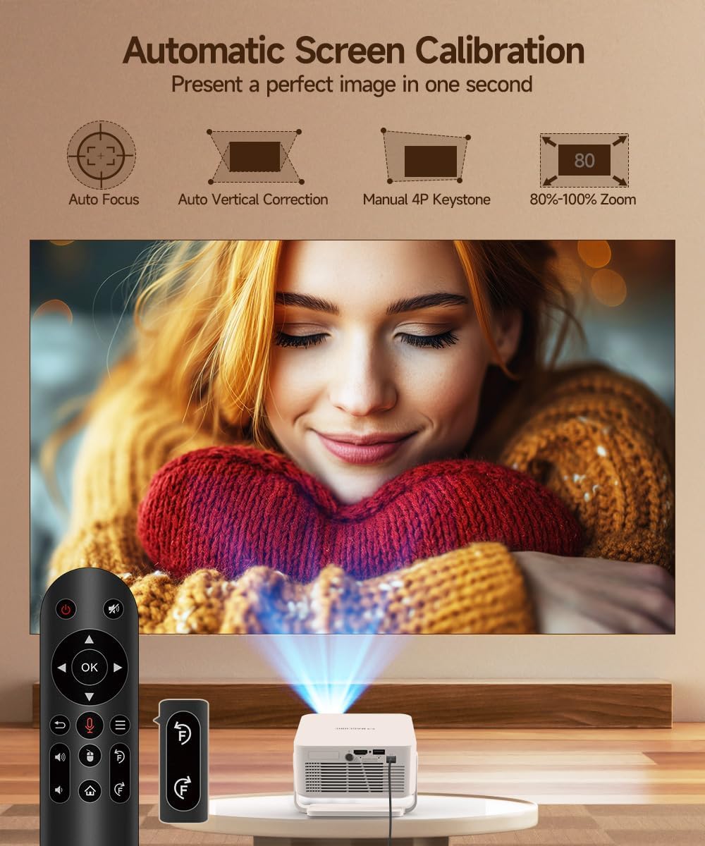 Mini projecteur Compatible 4K et 8K, Android 14 8K 400 ANSI avec WiFi 6 et Bluetooth 5.4, Mise au Point Automatique et Correction trapézoïdale Verticale, Une Utilisation en extérieur et à Domicile.