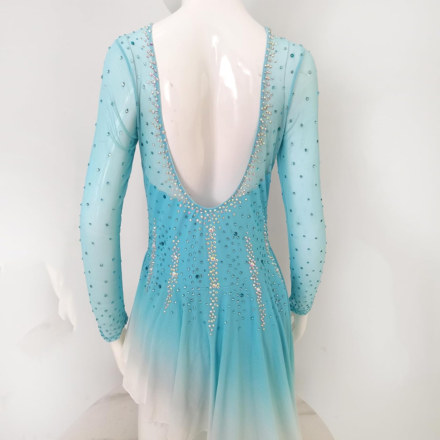 Girl's Blue Long Sleeved Ice Figure Skating Dress for Professional Competition Elegant Figure Skating Skirt