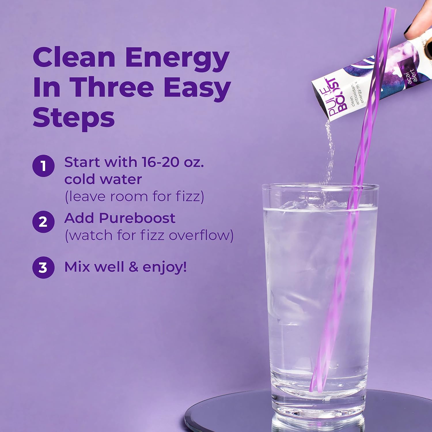 Pureboost Sugar-Free Clean Energy Booster, Acai Alert 30 Count, Refreshing Energy Drink Mix with B12 Vitamins, Electrolytes, Antioxidants, No Sucralose