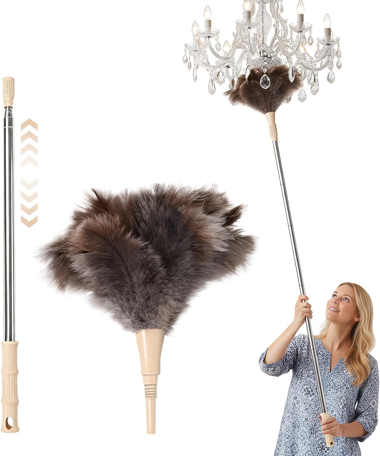 Feather Duster, Extendable 35-110cm Ostrich Feather Dusters For Cleaning, Long Ostrich Feather Duster For High Ceilings,Lamps, Cabinets, Furniture, Home, Car, Office Cleaning (khaki)