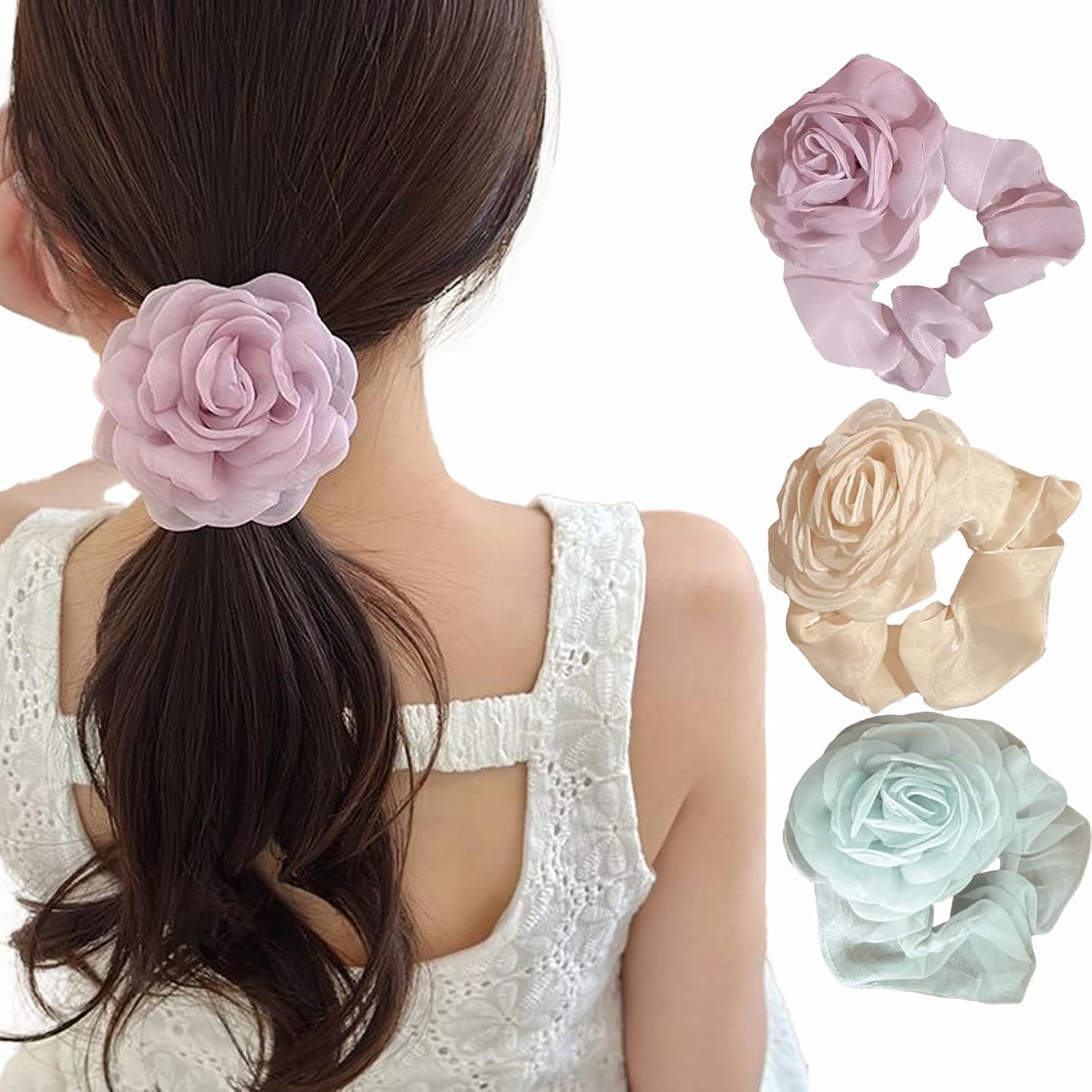 3Pcs Rose Hair Scrunchies for Women, Stylish Hairs Ties for Long Thick Hair, Soft Mesh Hairs Bands for Daily Use, Wedding Party, Sports, Fashion Accessories in Purple, Beige, Blue