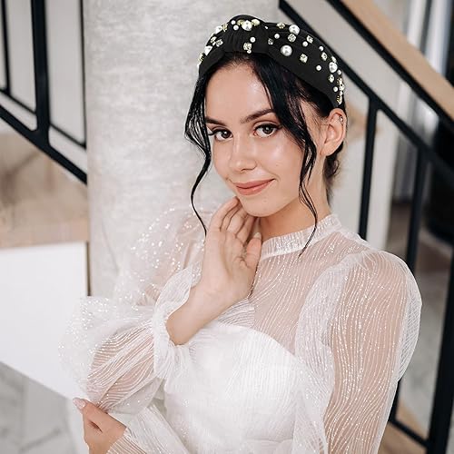 Miniatura 2 de YISSION 1 diadema anudada con perlas de cristal para mujer, diadema antideslizante con diamantes de imitación, diadema ancha de perlas para mujeres,