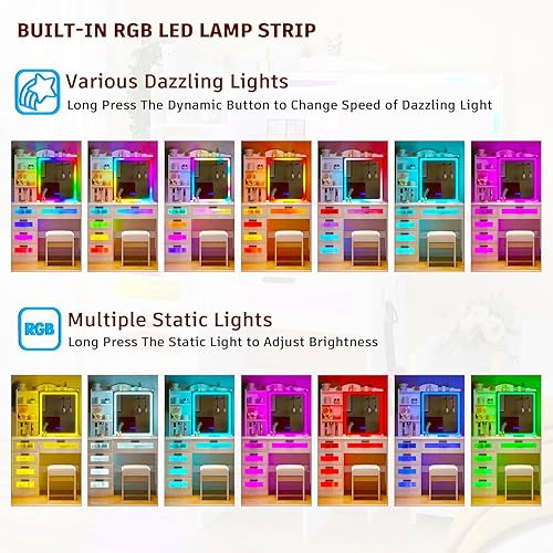 Miniatura 3 de Vanity Desk with Mirror and Lights, RGB LED Makeup Vanity Desk with Charging Station, Vanity Table with Stools＆Sliding Mirror, Women's Vanity Set