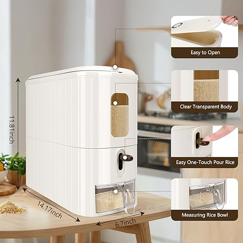 Miniatura 2 de Dispensador de arroz de 13 libras, recipiente de almacenamiento de granos de cereales con taza medidora, contenedor de almacenamiento de arroz