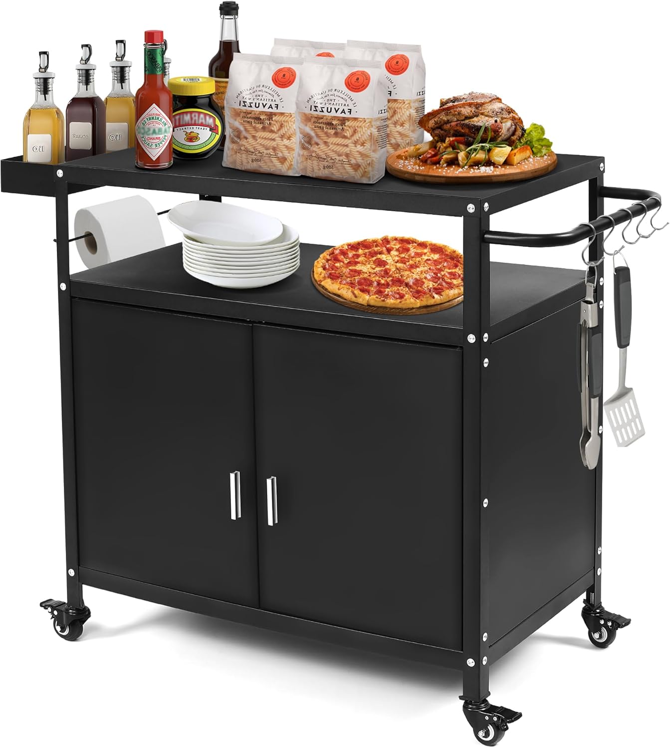 Movable Outdoor Grill Cart with Storage Cabinet - Heavy Duty BBQ Table for Gas Tanks Storage, with Wheels and Spice Rack - Waterproof Patio Kitchen Island for Parties & Home Gatherings