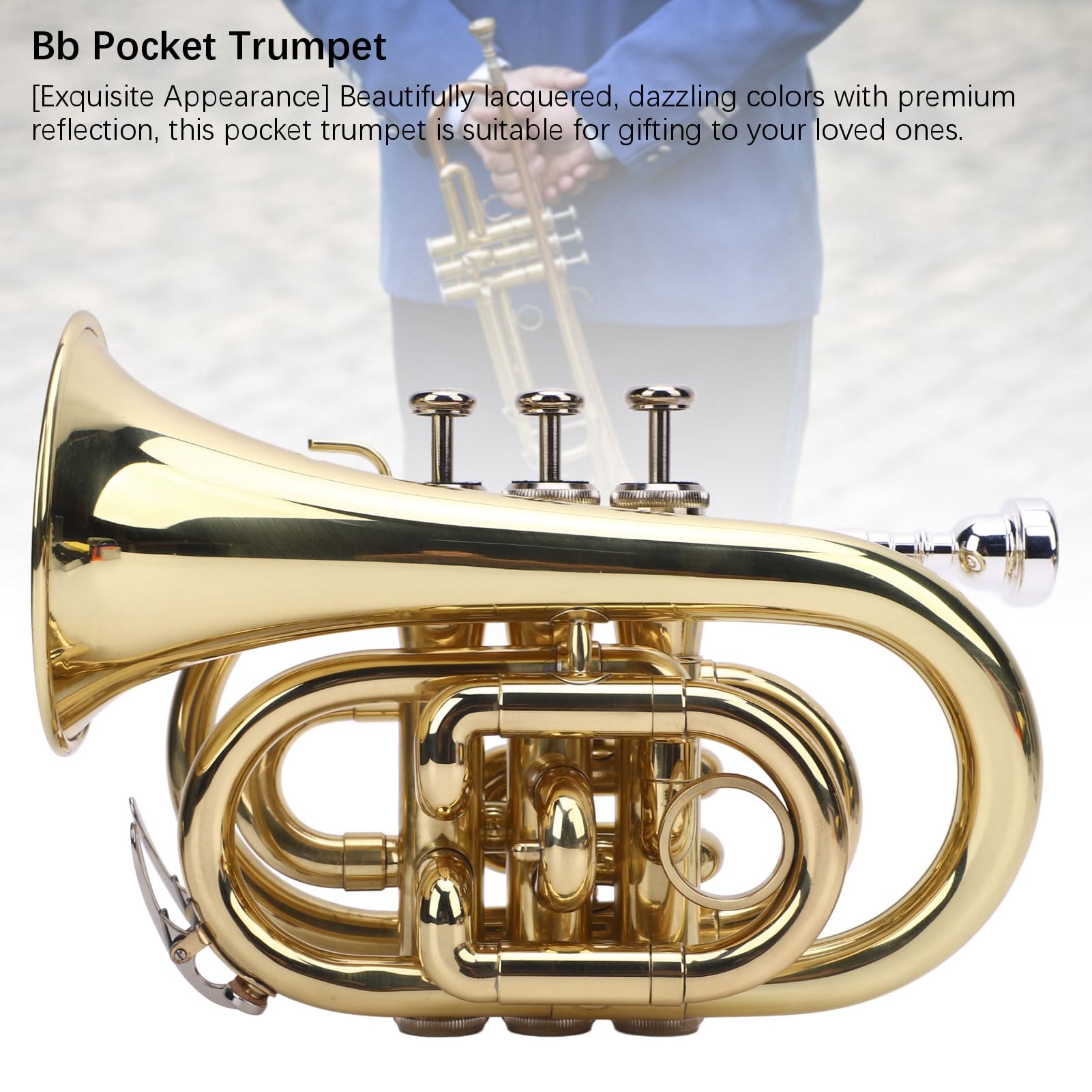 Tromba Bassa Tascabile in Si Bemolle per Studenti Principianti, Kit per Tromba Tascabile, Trombe Tascabili in Ottone Placcato Ni con Chiave in Sib con Bocchino 7C, Panno per la