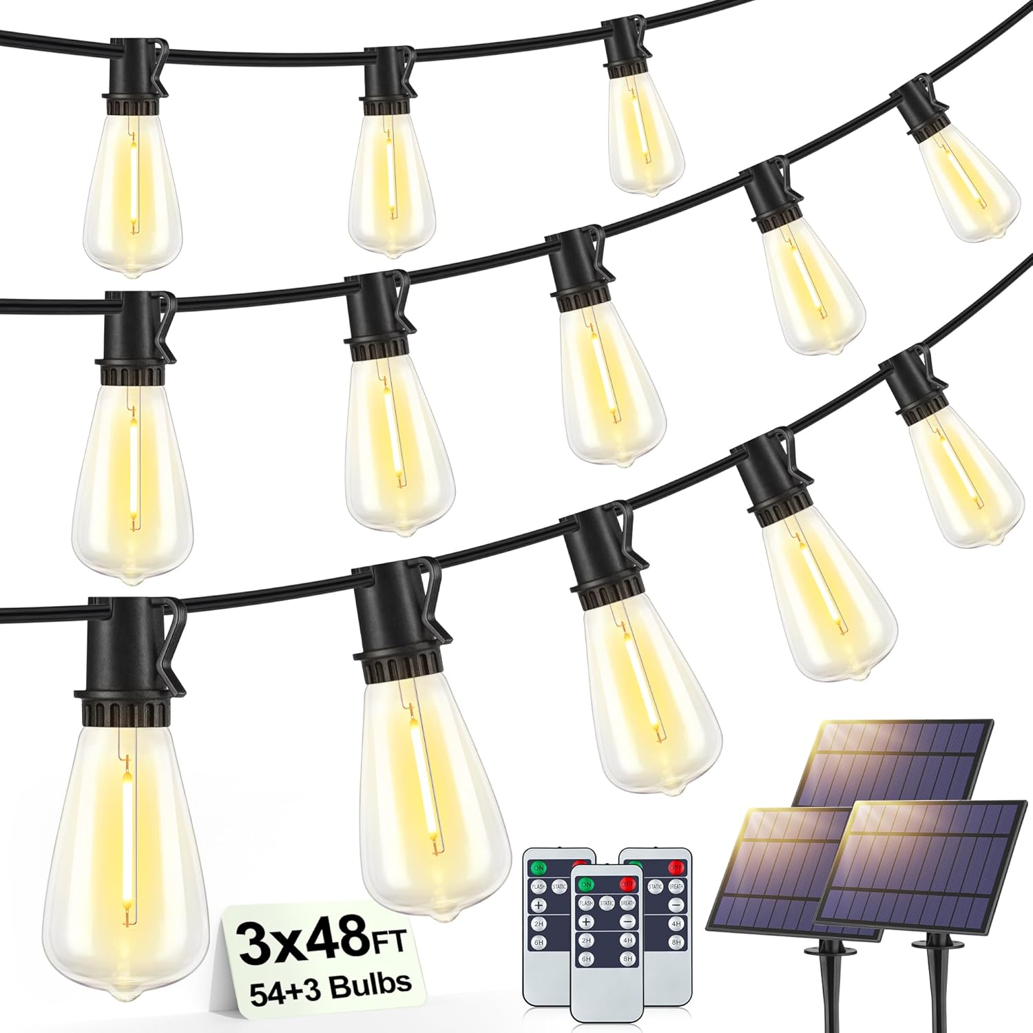 144FT(3x48FT) Solar Outdoor String Lights with Remote & Timer, Waterproof Dimmable Patio Lights with 54+3 ST38 LED Bulbs for Porch Party-Black