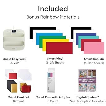 Cricut Explore 5 Essential Bundle with Multicolor Sampler + EasyPress 9x9 | All-in-One Kit for Stickers, T-Shirts & Custom Apparel - Includes Multicolor Smart Vinyl & Iron-On, Heat Press & Cardstock