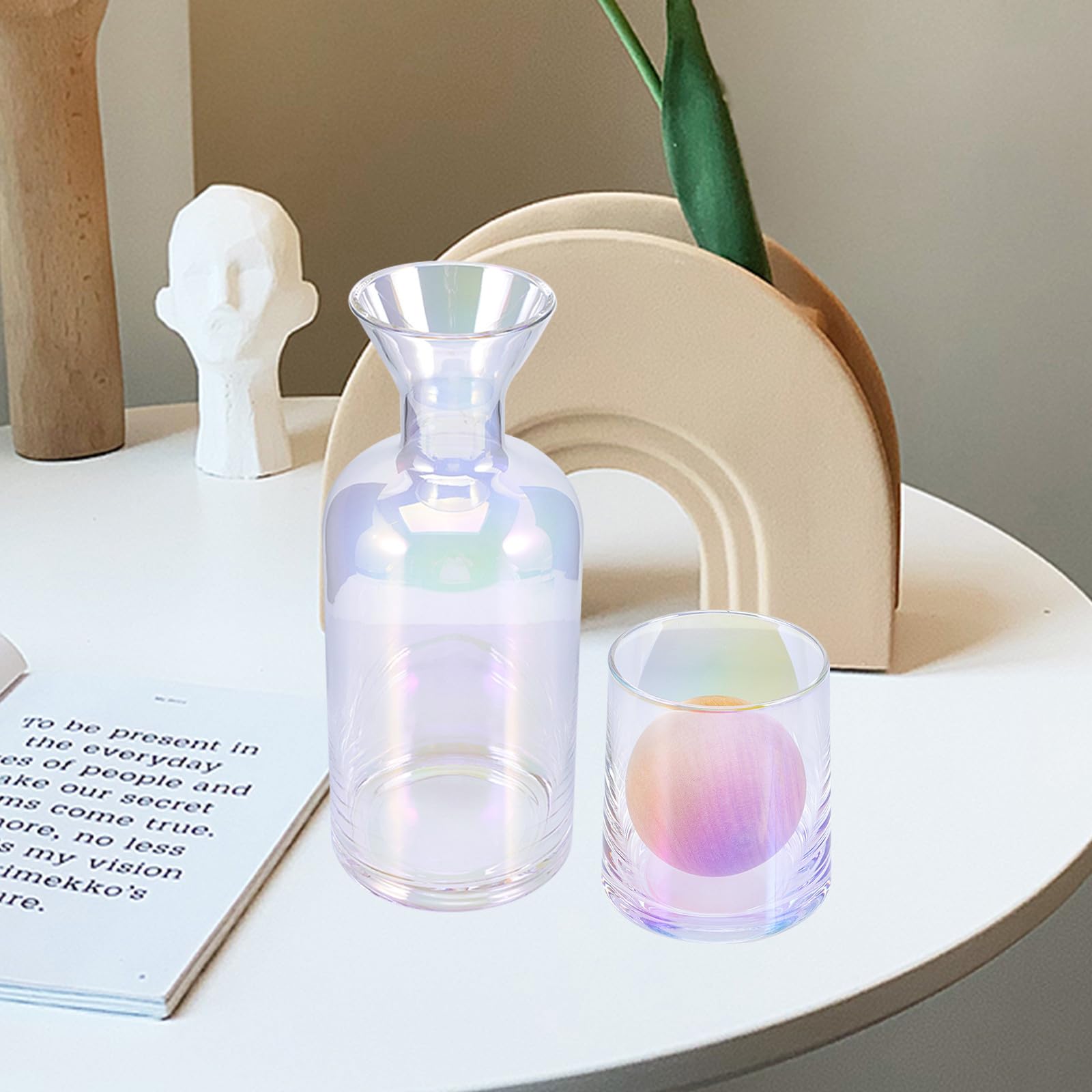 OUNONA Juego de Jarra de Agua y Vaso de Vidrio Transparente con Base de Madera, Resistente al Calor, Adecuado para Banquetes y Eventos Sociales