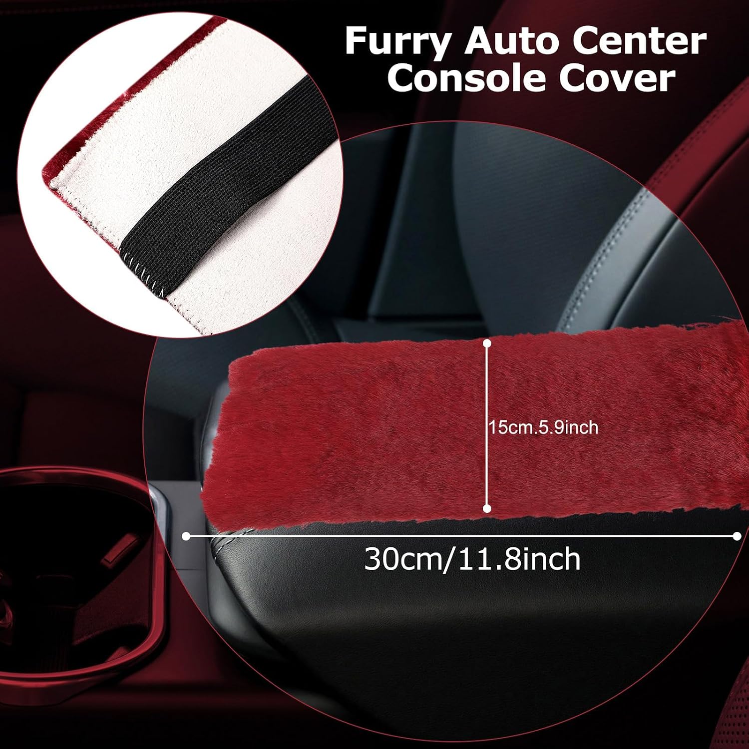 Frienda 9 Pcs Fluffy Car Accessories Set Plush Gear Shift Cover Handbrake & Console Cover Seat Belt Shoulder Pad Cup Holder Coaster Diamond Ignition Ring Keychain Car Decor for Women Men(Wine Red)