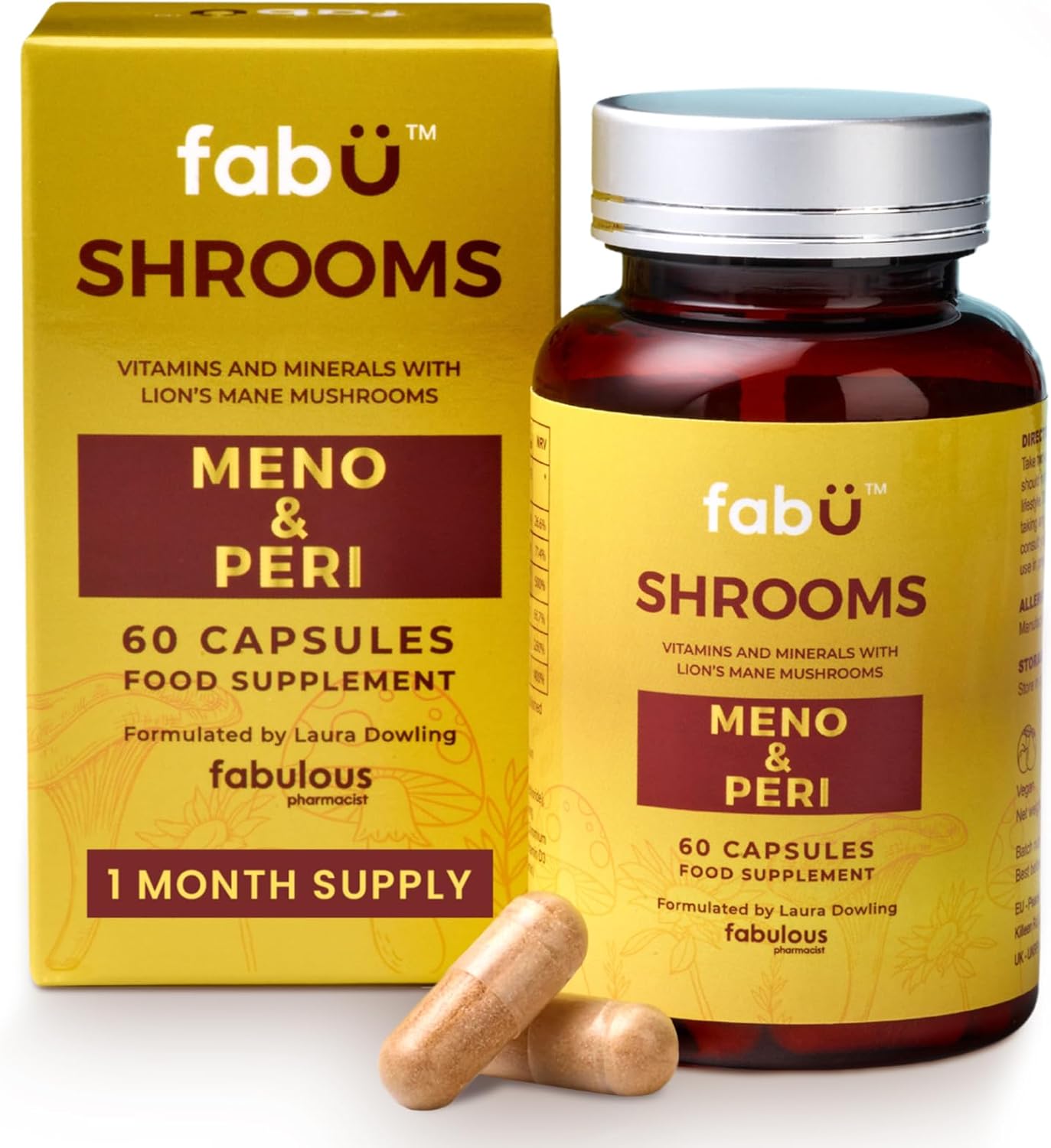 fabÜ Shrooms MENO & PERI – Lion’s Mane Mushroom & Magnesium Supplements for Women During Menopause – Natural Perimenopause Support – Hormone Balance & Energy Support (60 Capsules)