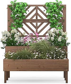 LDAILY Raised Garden Bed with Trellis & 2 Planter Boxes, 2-Tier Wooden Raised Bed with Bottom, Elevated Legs & 10 Drainage Holes, Gardening Planter Box for Flowers/Vegetables/Fruits in Backyar...