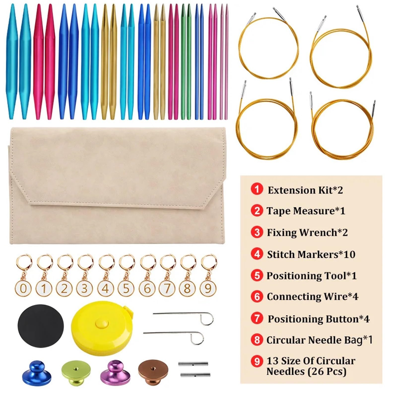 Juego de agujas de tejer circulares de aluminio intercambiables, agujas de ganchillo circulares, juego de herramientas de hilo para tejer, kit de accesorios para tejer (rosa claro)