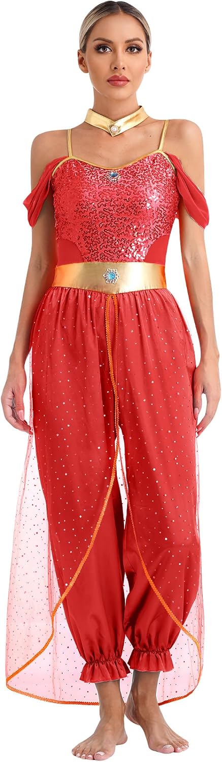 JEYPINMI Arabian Princess Sequins Belly Dance Costume Halloween Costume for Women