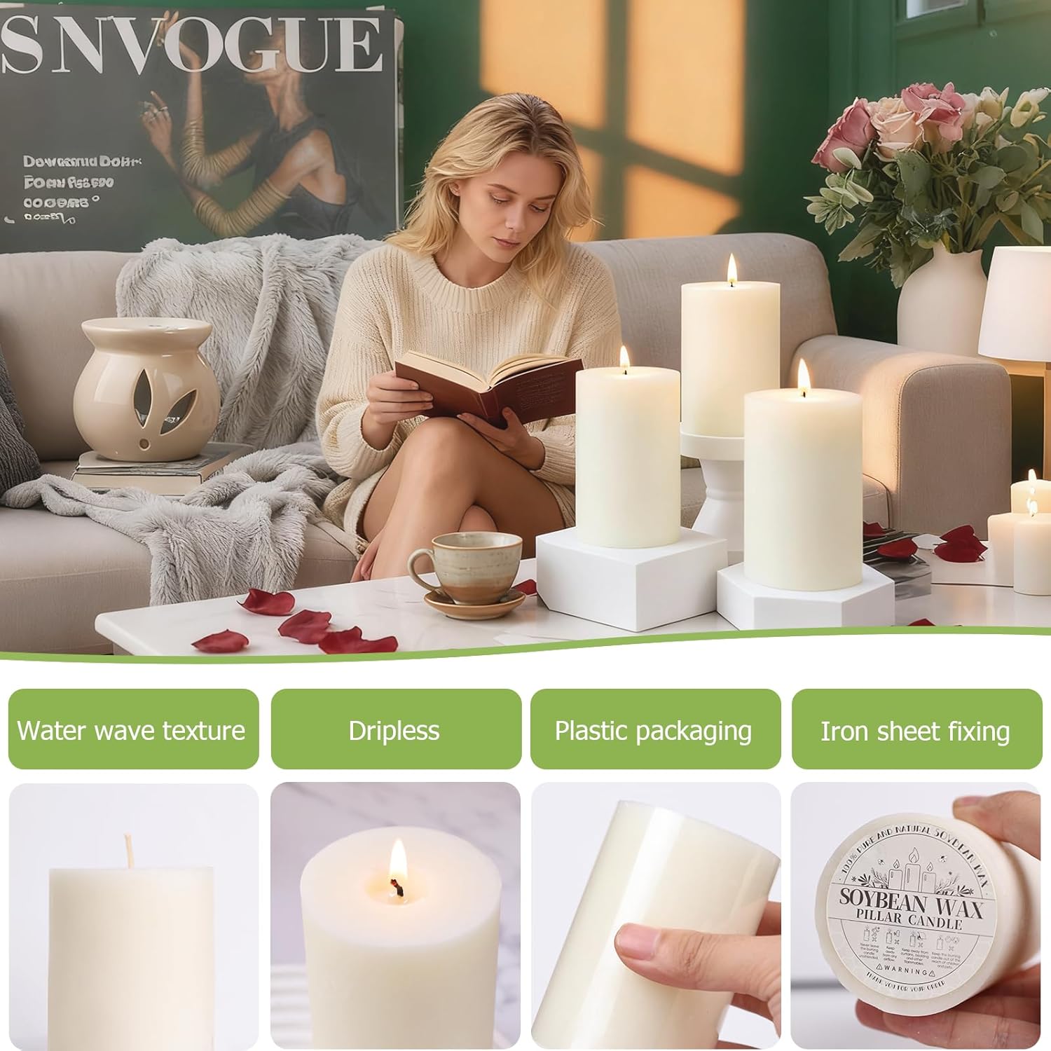 4 Pack Soy White Pillar Candles,Natural Soybean Pillar Candles,55 H Long Lasting Burning-Unscented,Dripless and Smokeless Rustic White Hand-Poured Candles Dinner Table,for Wedding,Home Decor 2.8x4in - Image 4