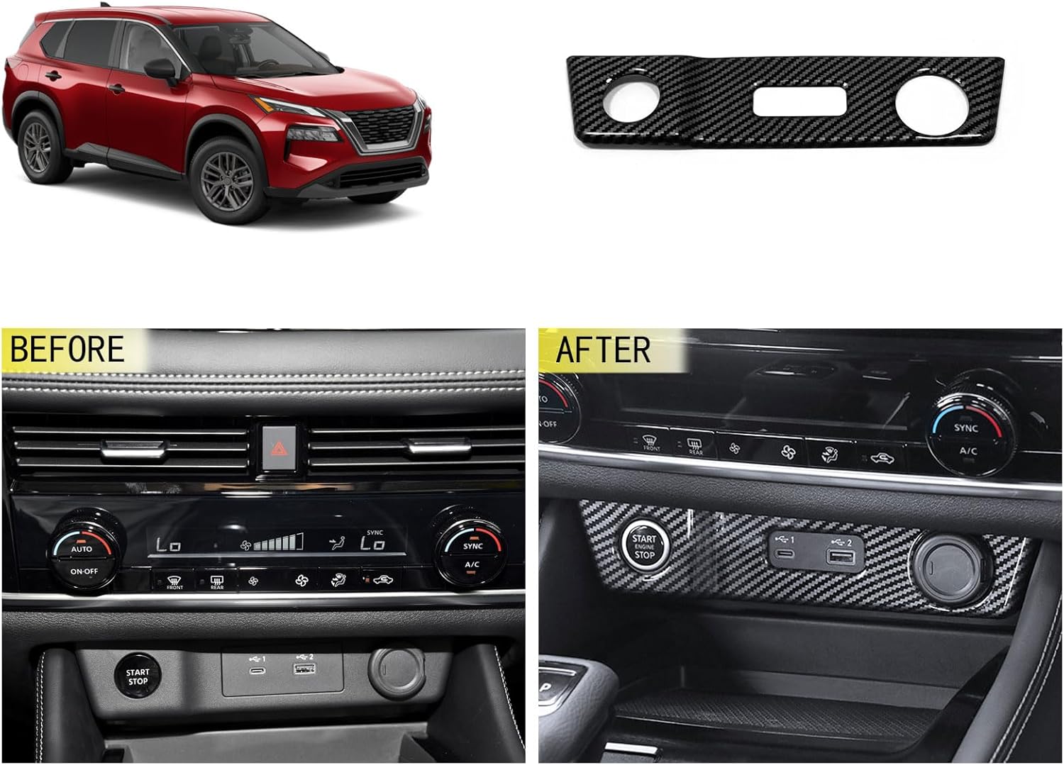 Cigarette Lighter Panel Cover Trim Compatible with Nissan Rogue 2021 2022 2023 2024 2025 2026 Center Console USB Panel Cover Interior Car Accessories ABS 1PC (Carbon Fiber Style)