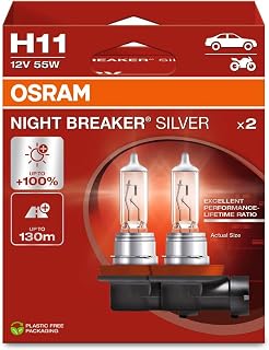 OSRAM H11 Night Breaker Silver Far Ampulü, 12V 55W, 2'li Set,%100'e Kadar Daha Fazla Işık, 130m Görüş Mesafesi
