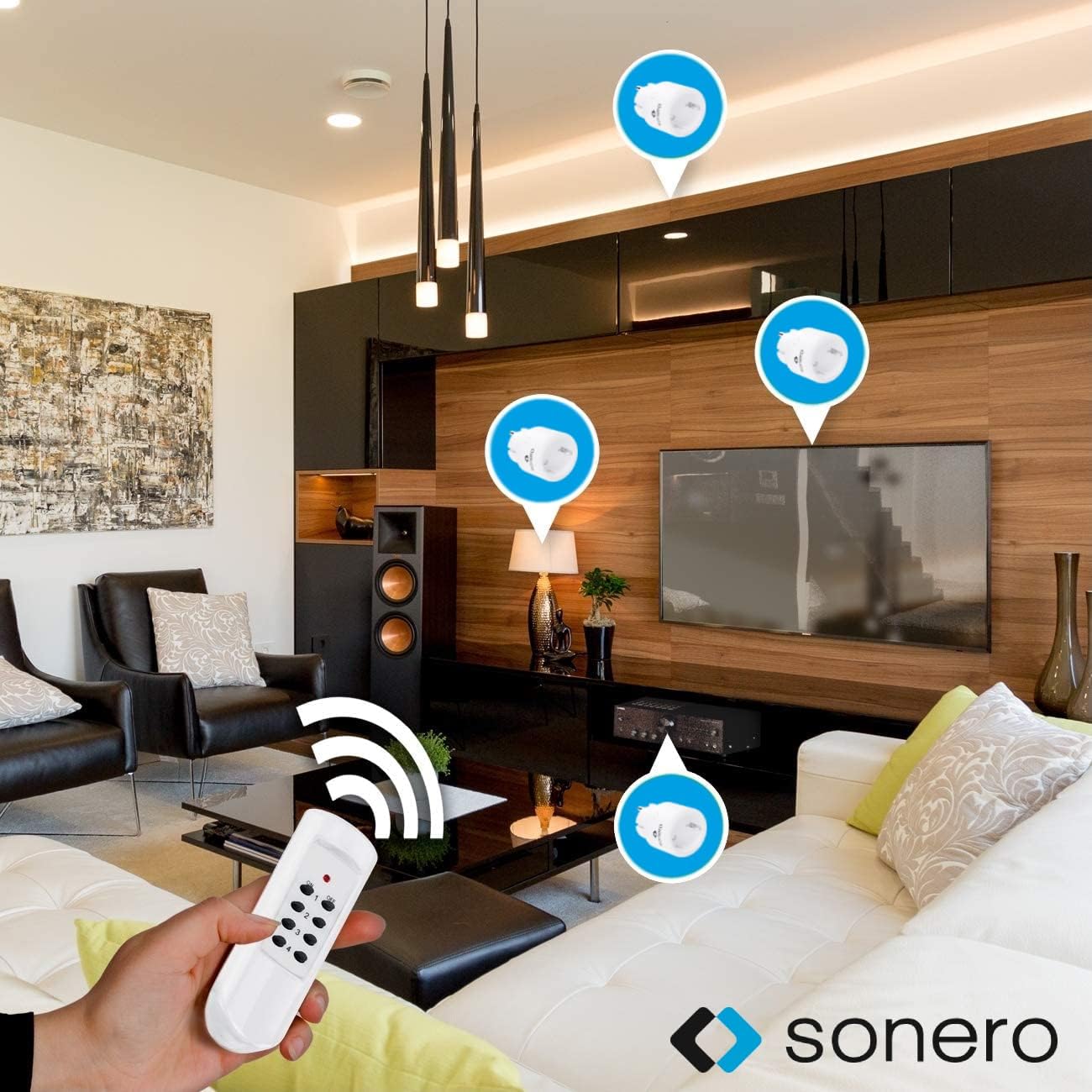 Remote control operating multiple Sonero S-RCS102 wireless sockets in a living room