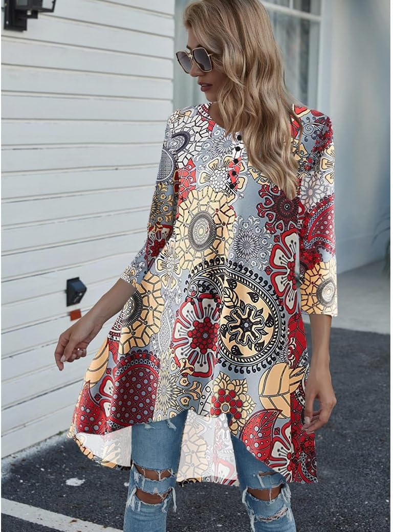 Naggoo Women's 3/4 Sleeve Button V Neck High Low Loose Fit Casual Long Tunic Tops Tee Shirts M Paisley Grey - Image 4