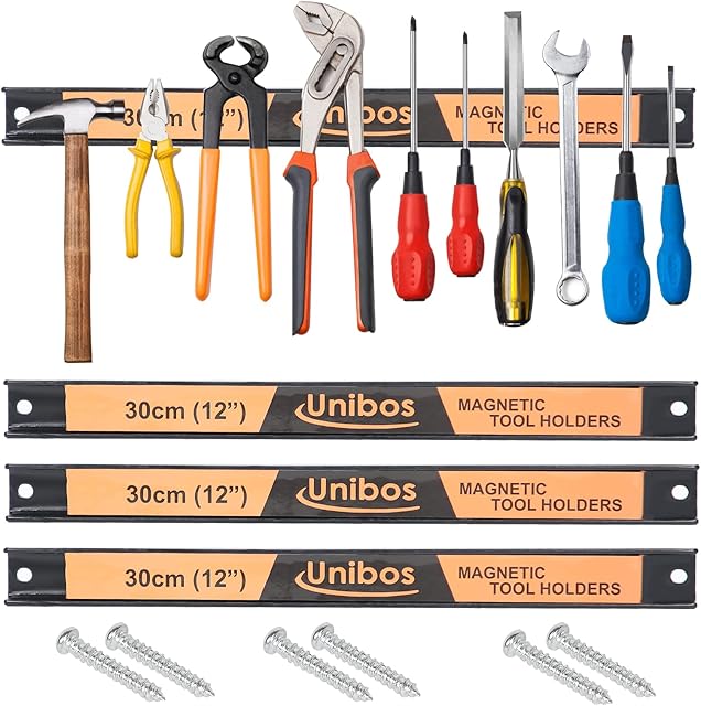 Unibos Magnetic Tool Holder Rack Set of 3 - 24 Inch Heavy Duty Garage Wall Holder Strip for Tools - Tool Bar with Magnet for Screwdriver Wrench (12 Inches)