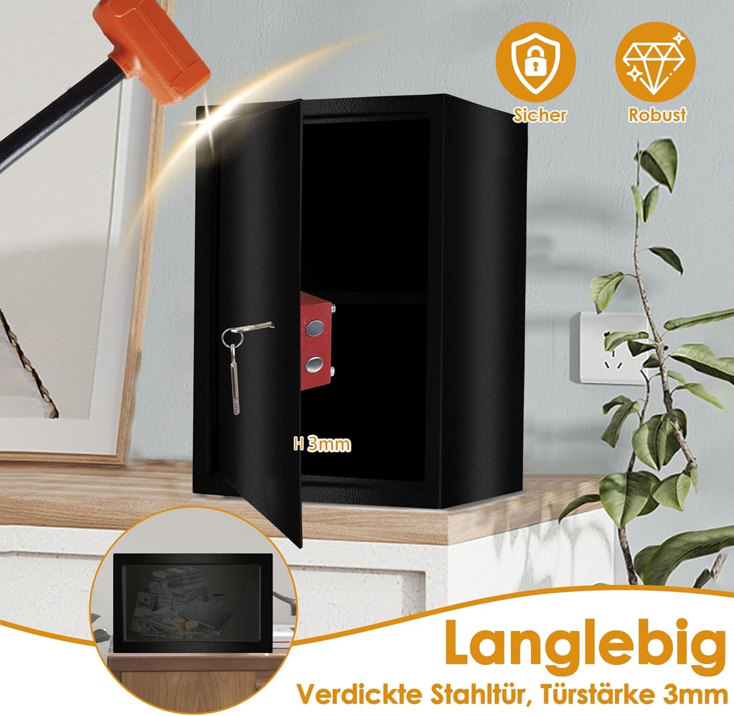 Tresor Safe Caja fuerte para muebles, caja fuerte para el suelo, caja fuerte de pared, XL, 35 x 50 x 31 cm, color negro | Con cerradura de doble barba, 2 llaves, incluye material de fijación