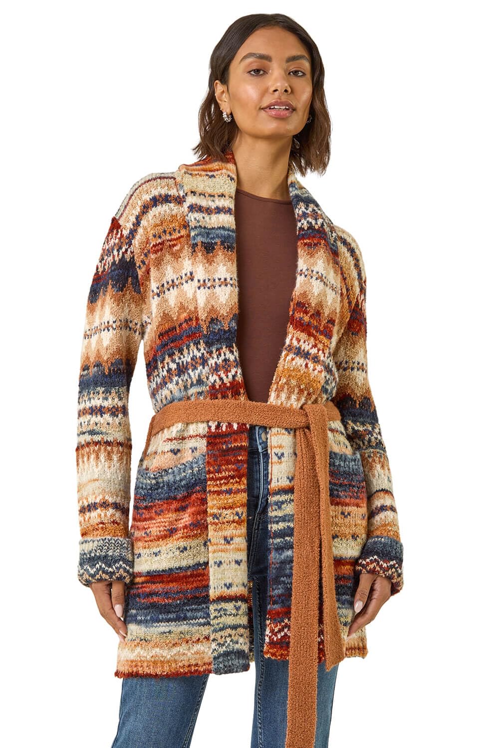 Roman Originals Women's Brown Jacquard Knit Belted Cardigan For Uk - Everyday Autumn Winter Comfy Soft Evening Vacation Work Party Night Out - Size 20