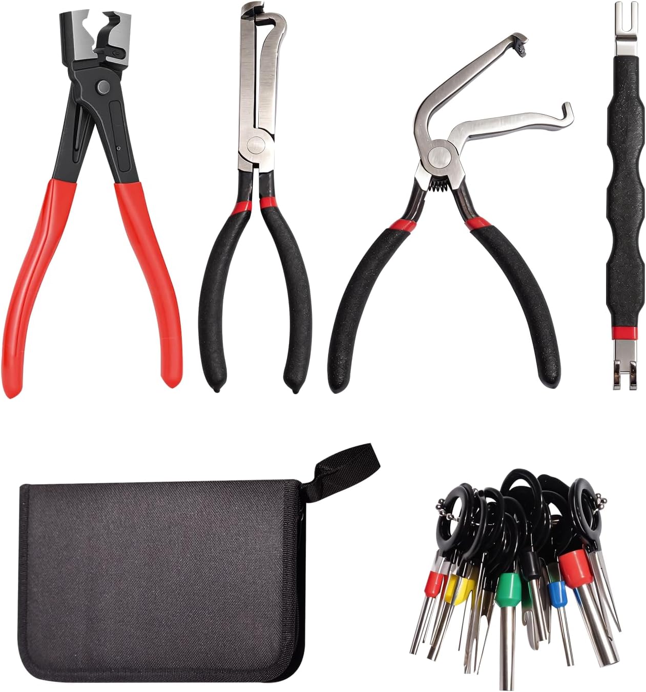 5 Pcs Electrical Disconnect Pliers, Terminal Pin Removal Tool Kit for Automotive Electric Wire Plug Connector Separator, Hose Clamp Pliers, Straight & Bent Terminal Removal Tools for Fuel Line Sensors