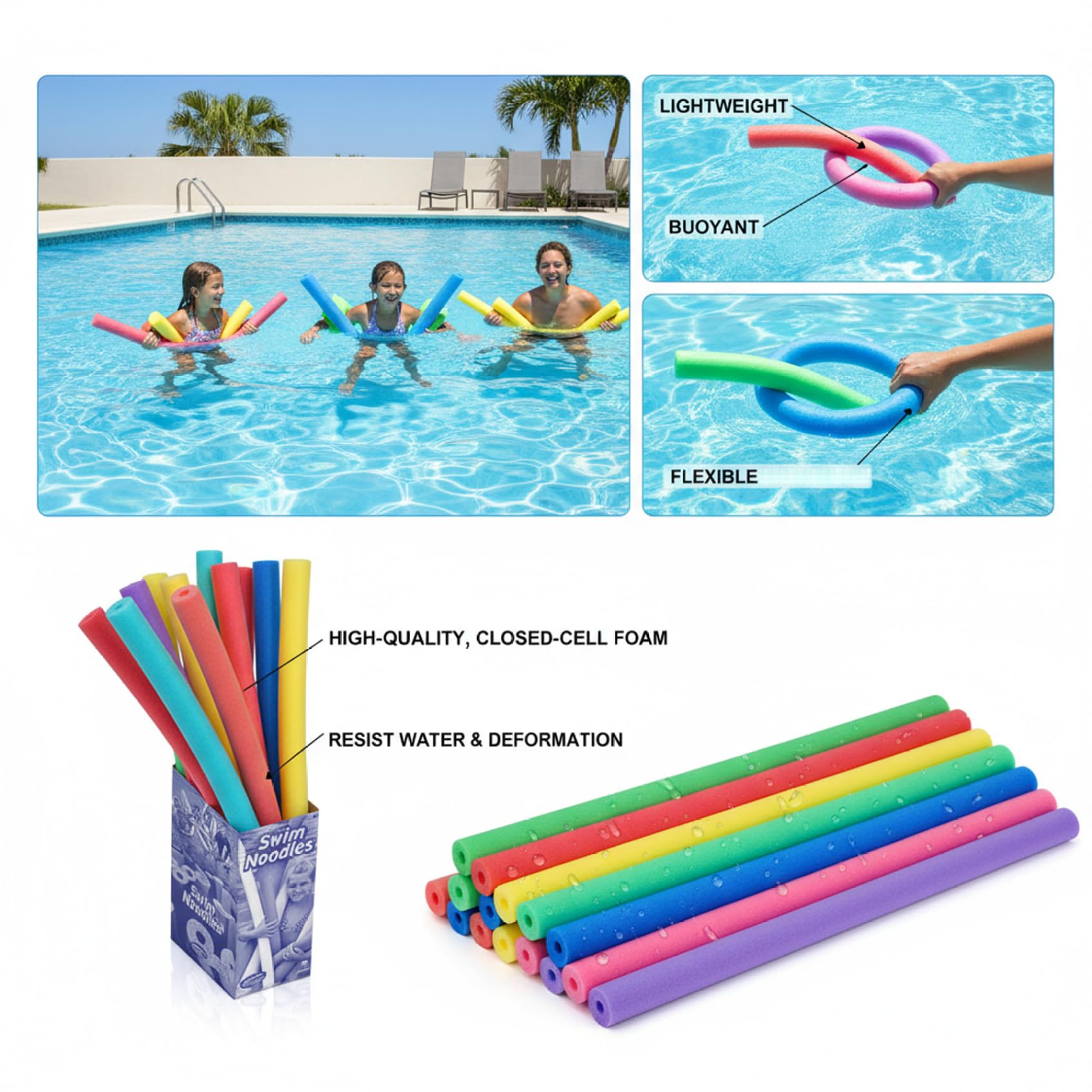 Nouilles de Piscine Paquet de 6 Nouilles Natation Colorées Flotteurs en Mousse à Noyau Creux 59 Pouces Long pour l'exercice Amusant d'eau Lac Piscine et l'artisanat Bricolage