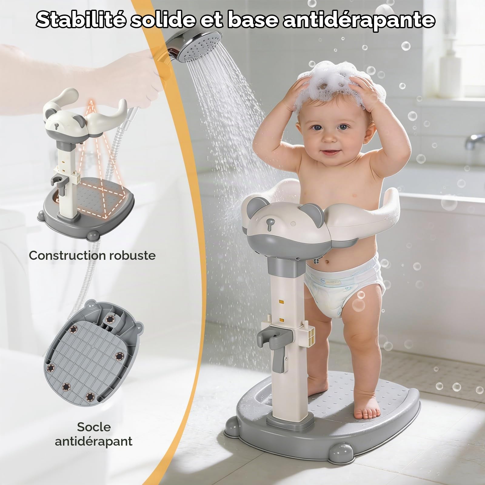 Baignoire bébé avec support de douche Support anti-pincement, tour de douche réglable pour aider bébé à se tenir debout, idéal comme douche bebe debout et cadeau prénatal