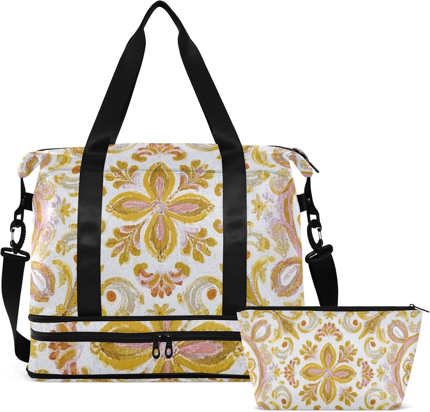 Bohemia Retro Trendy Flower Paisley Gold Peach Travel Tote Gym Bag Carry On Personal Item Bag with Toiletry Bag for Airplane Traveling Multifunctional