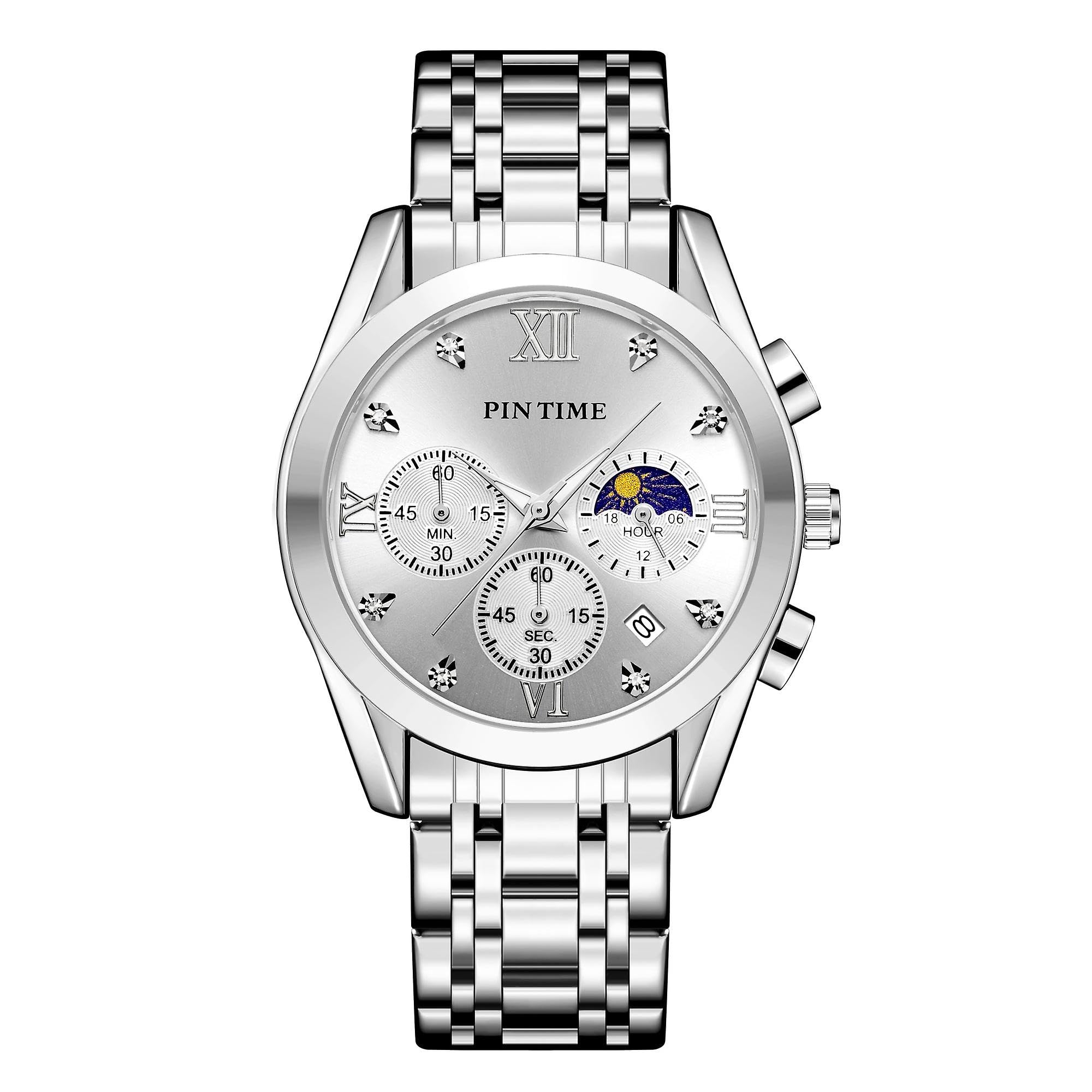Pintime - Reloj de pulsera para hombre, resistente al agua, 3 bar, de cuarzo, correa de acero inoxidable, esfera de fase lunar, función cronográfica, regalo