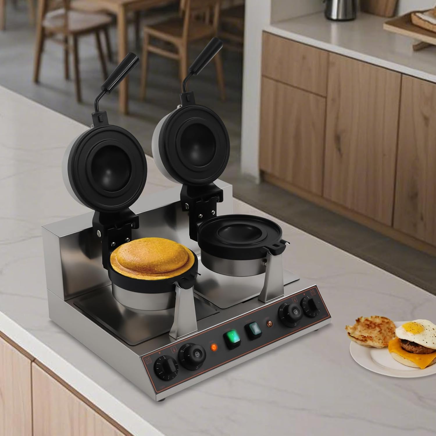 Hamburger Maker, 2400w 110v Adjustable Waffle Sandwich Maker Commercial Panini Hamburger Sandwich Press Machine Electric Double-Head Ice Cream Burger Machines with Anti-Scald Handles