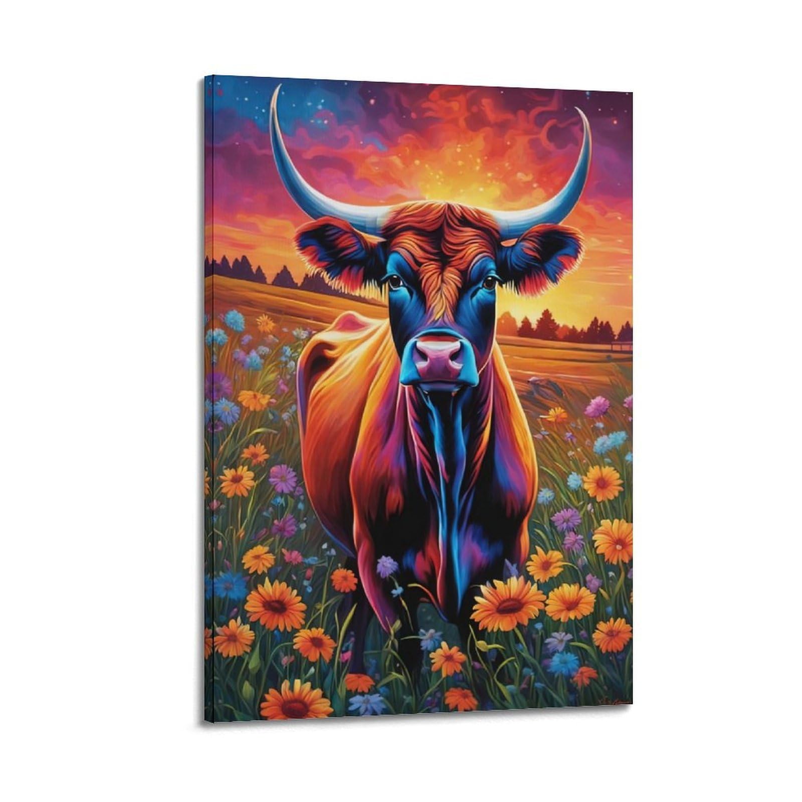 ZSZWHJ Animal Poster Cows And Flowers Poster Decorative Painting Canvas Wall Posters And Art Picture Print Modern Family Bedroom Decor Posters 20x30inch(50x75cm)