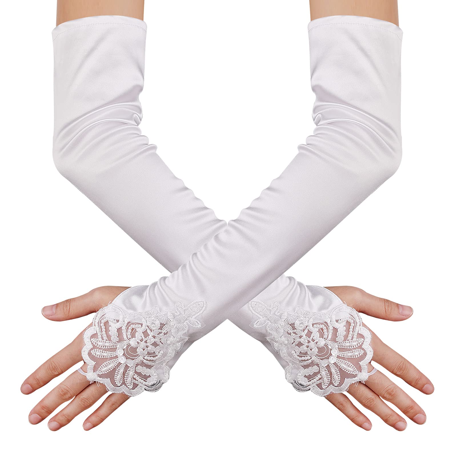 Liying Guanti Eleganti Al Gomito In Raso Elasticizzato - Per Sposa, Festa E Cosplay, Colore Bianco, Taglia Unica (Lunghezza 54 Cm)