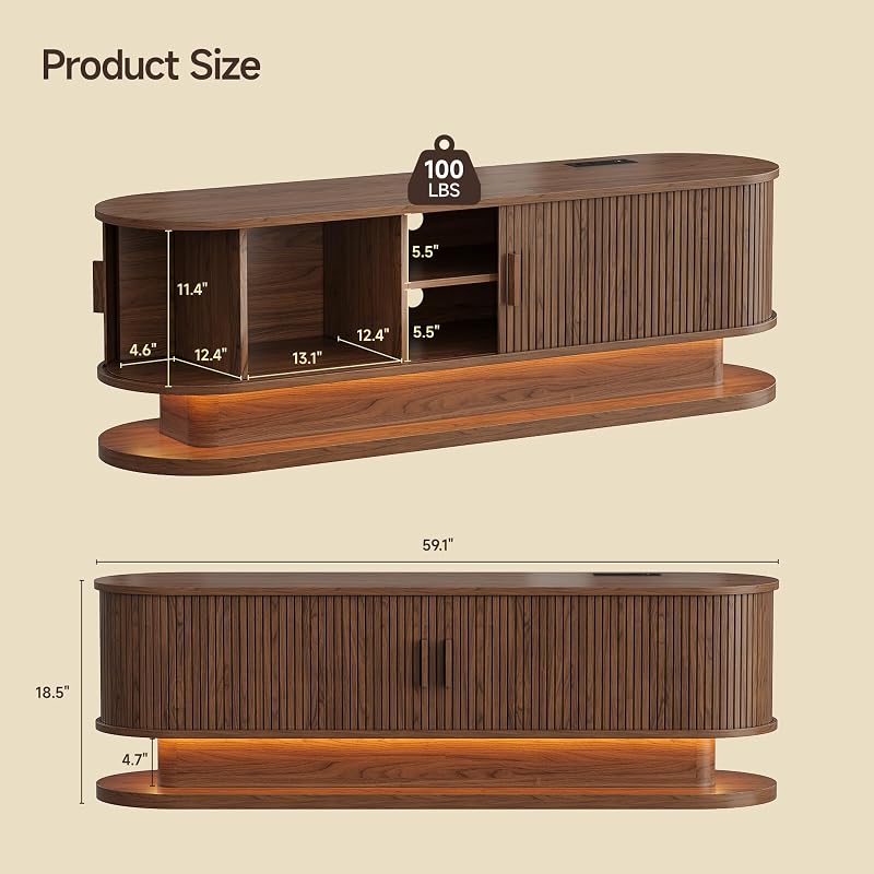 ONBRILL 59" TV Stand up to 65 Inch with LED Lights and Power Outlet, Walnut image 2