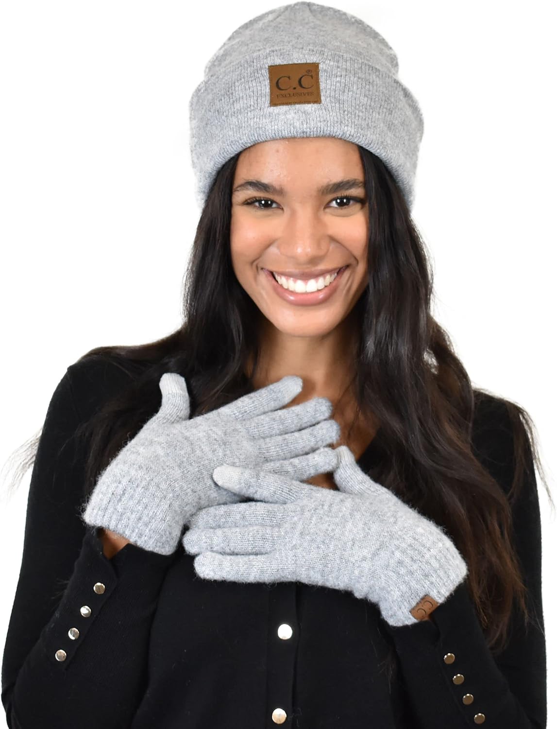 C.C Unisex Eco-Friendly Recycled Yarn Cuff Beanie and Touchscreen Gloves 2 Pc Set