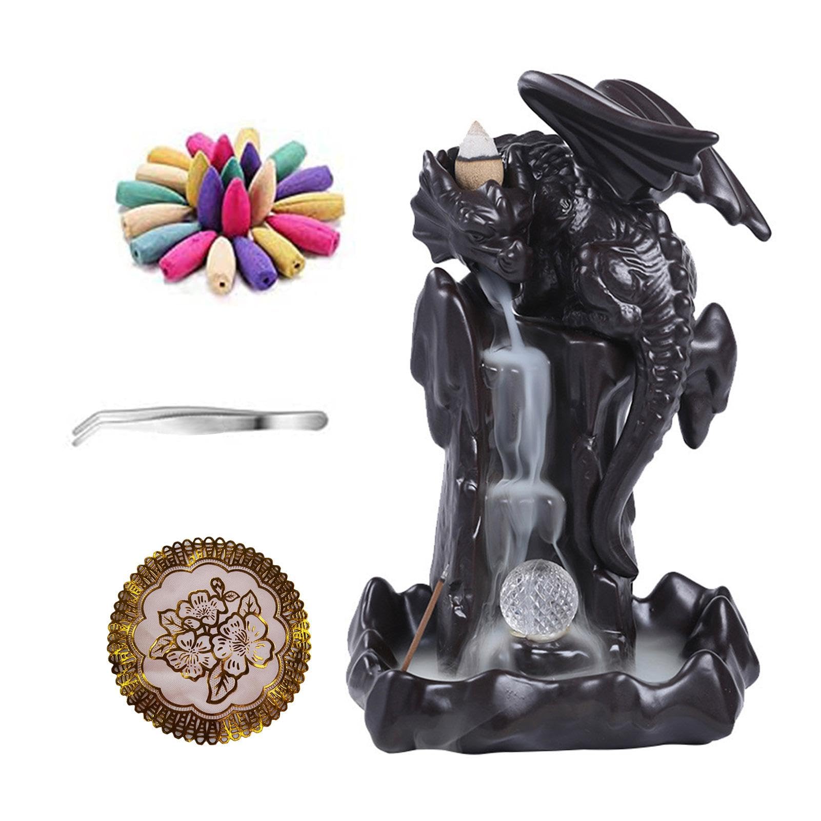 Porta incenso a flusso in ceramica | Porta incenso in ceramica fatto a | mano con drago e Bruciatore di incenso a riflusso a cascata - Utilizzato per la decorazione della sala da tè 'ufficio