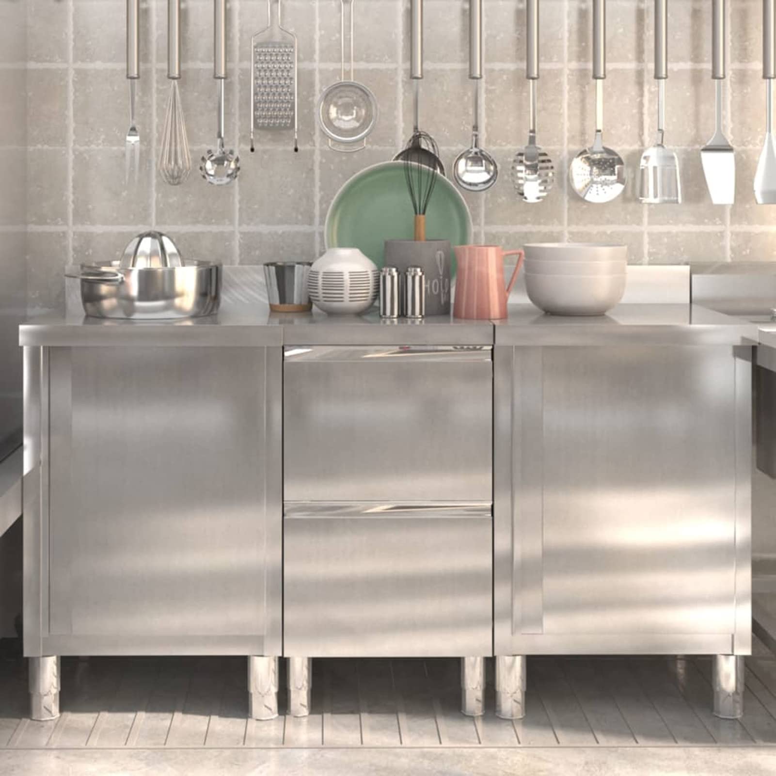 Homgoday Armadi da cucina commerciale, 3 pezzi, in acciaio inox, armadio e armadio con 2 cassetti per sala da pranzo, soggiorno, ristorante, hotel