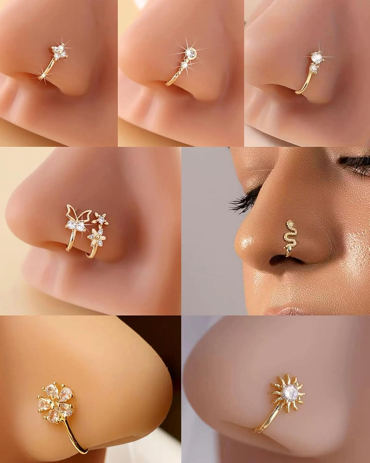 Fake Nose Piercings Gold Fake Nose Rings Clip-on Faux Nose Piercing for Womem Multi-Styles