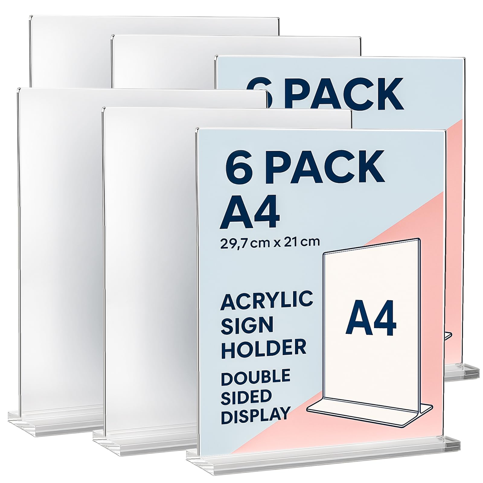 GROWNEER A4 Acrylic Sign Holder, 6 Pack Clear T-Shape Double-Sided Perspex Display Stand, Vertical Menu Poster Holder for Office Store Restaurant School