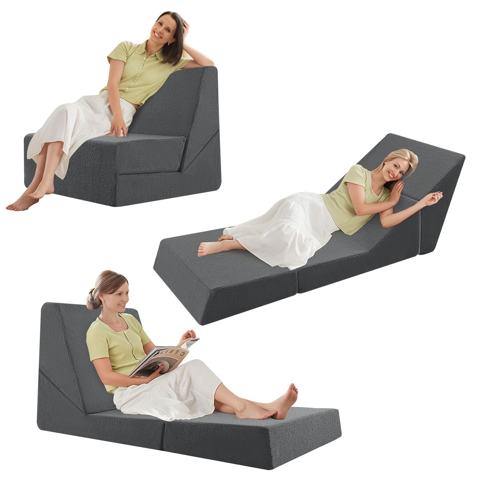 MeMoreCool Sofá cama plegable, tumbona plegable de suelo, cama plegable 3 en 1, sillón reclinable extraíble para sala de estar, dormitorio, habitación de invitados, color gris