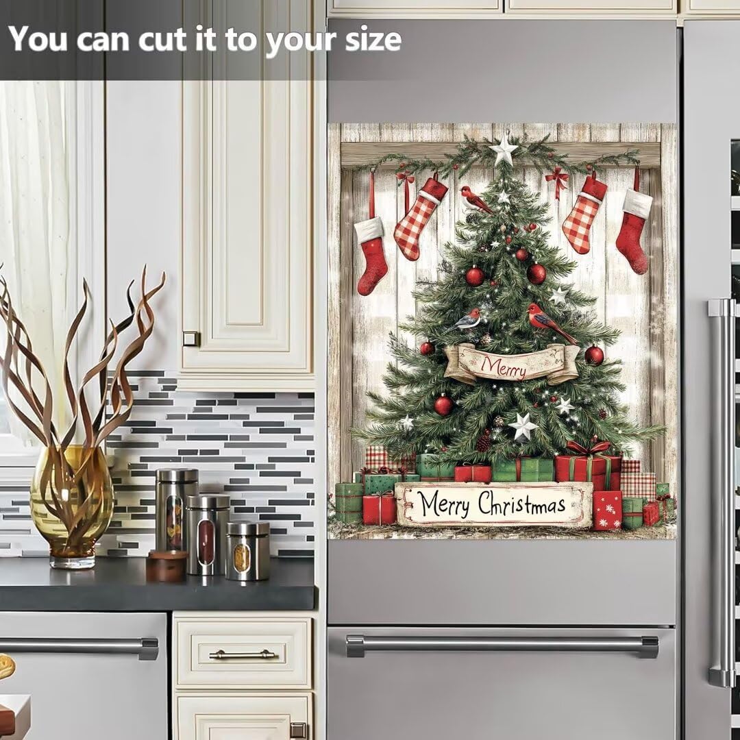 Vintage Wooden Door Xmax Tree Dishwasher Magnet Cover Decal, Christmas Tree Magnetic Dishwasher Stickers, Merry Christmas Vinyl Decal for Dishwasher, 23" W x 26" H Magnetic