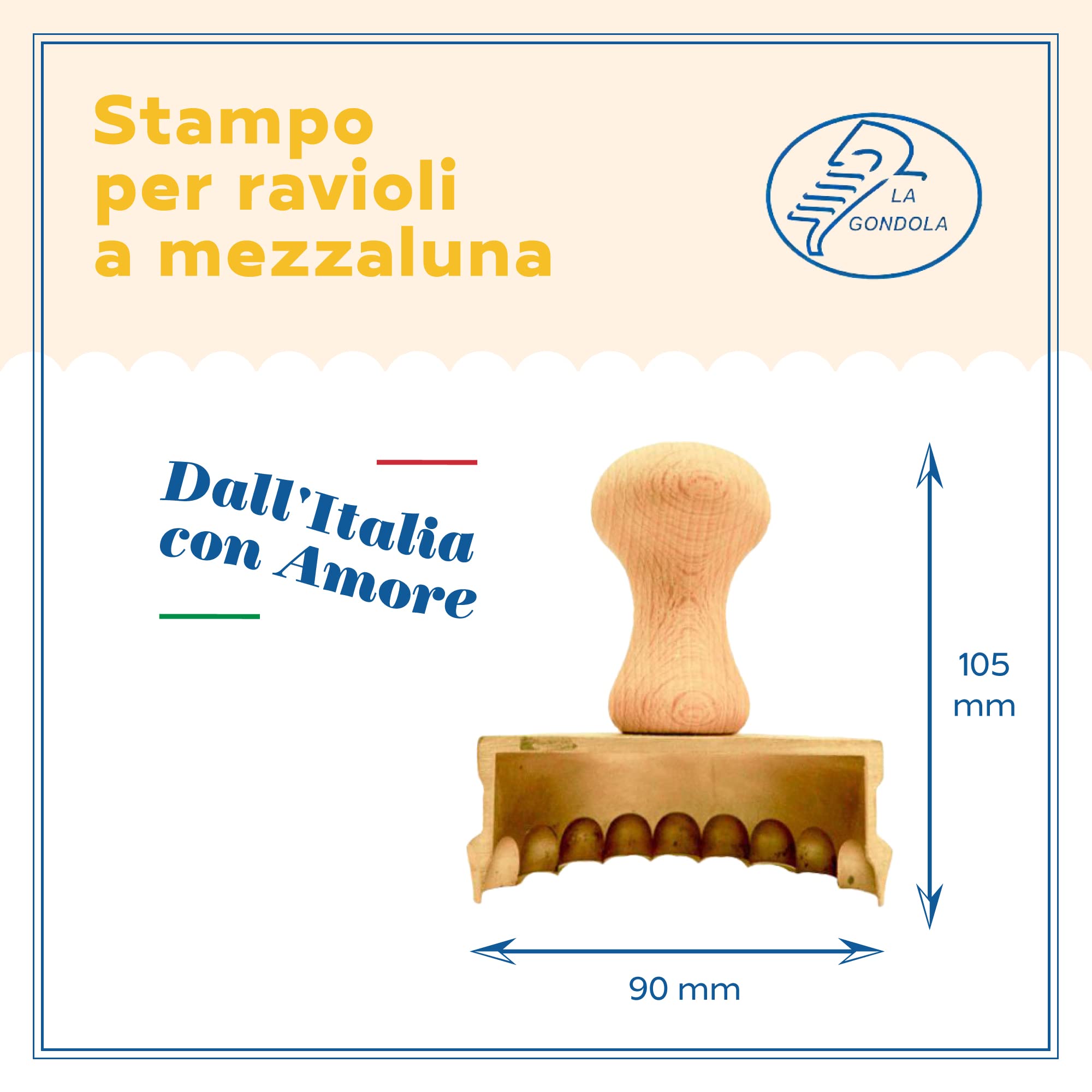 LA GONDOLA Stampo a Mezzaluna per Tortelli e Biscotti Dolci, Corpo in Ottone Impugnatura in Legno, Made In Italy