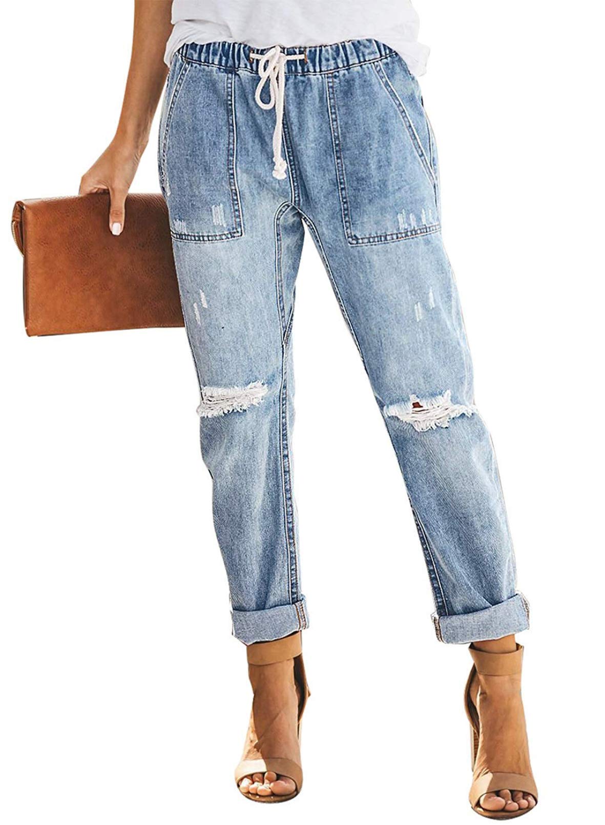 Womens Denim Ripped Jeans Distressed Elastic Waist Drawstring Trousers  Pants with Pockets