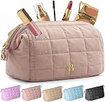 Quilted Pink Makeup Bag for Women, Travel Makeup Case with Wide-Open Top, Cosmetic Bag Organiser with Internal Pockets, Lightweight Toiletry Pouch for Everyday Essentials
