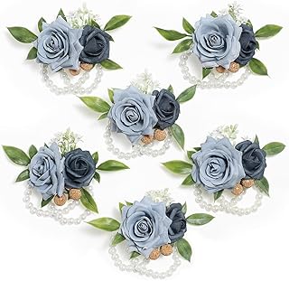 Serwalin 6Pcs Blue Corsage Wristlet for Wedding, Corsages Wristlet for Bridesmaid Mother Grandmother, Artificial Flowers for Prom Ceremony Anniversary