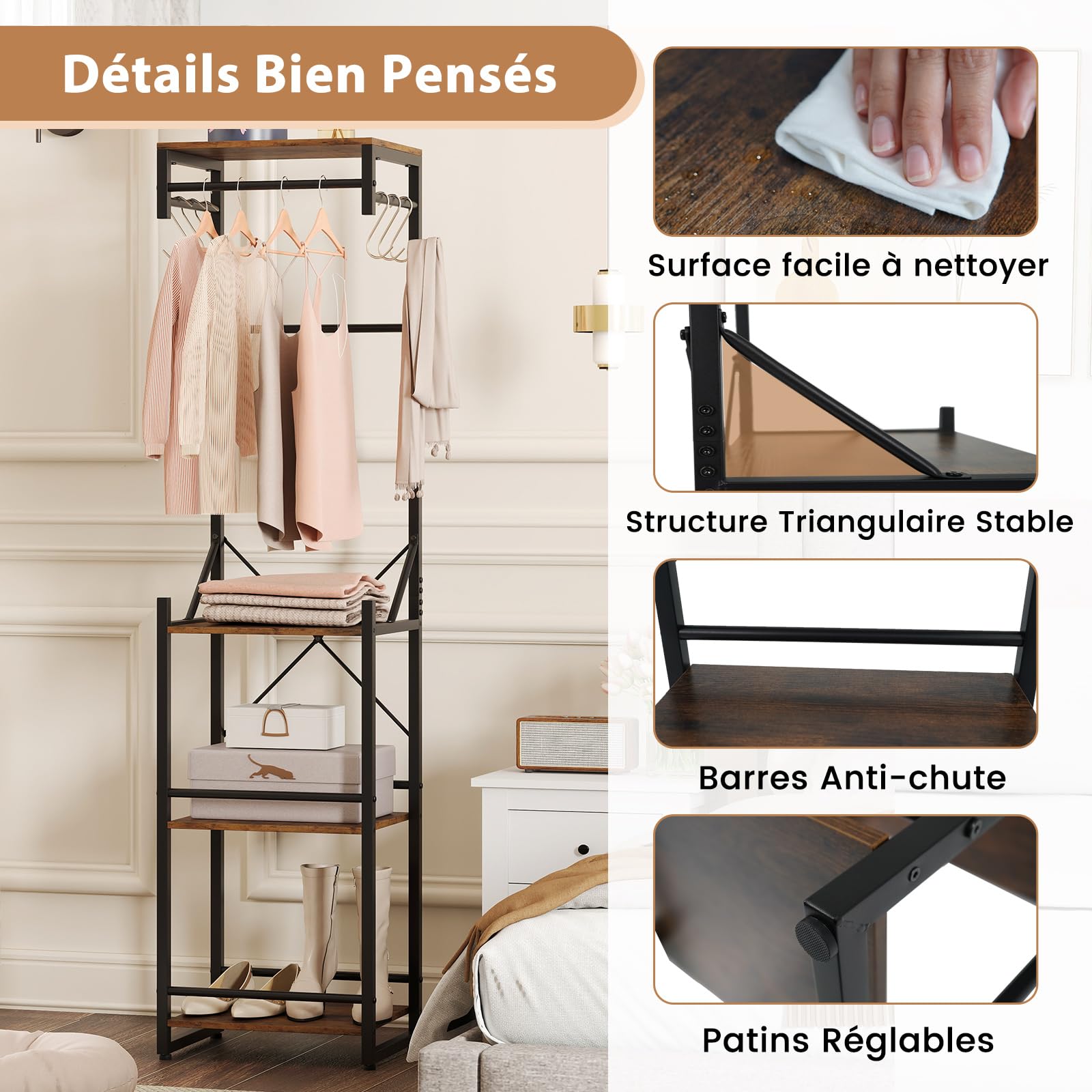 COSTWAY Porte-Manteau sur Pieds, Portant a Vetement avec Étagère à Chaussures, 6 Crochets, 3 Tringles à Vêtements, Cadre en Métal, Meuble d'Entrée Vestiaire Industriel, pour Entrée, Couloir, Chambre