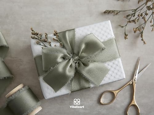 Miniatura 4 de Vitalizart Cinta de satén de seda verde salvia polvorienta, 1 pulgada x 15 yardas, cinta de gasa deshilachada hecha a mano con carrete de madera